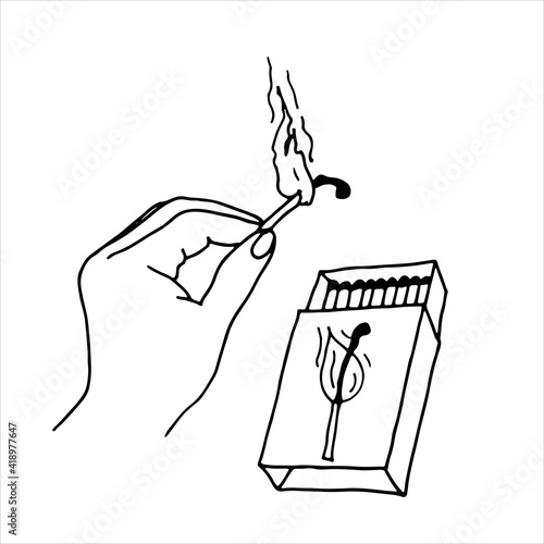 Set. Hand with a match and a box