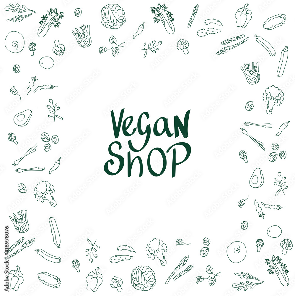 Vegan shop sign with outline vegetables frame for price list. Handwritten lettering fresh font for signboard, window door stickers. Vector stock illustration isolated on white background. EPS10