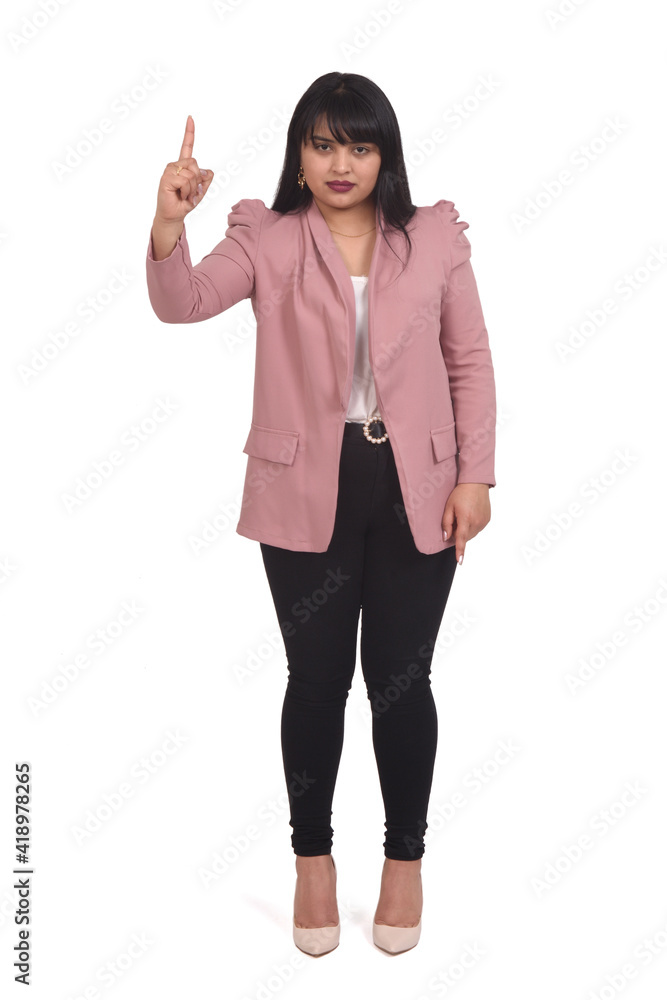 full portrait of a woman with finger on sign frist white background full portrait of a woman with finger on sign frist white background