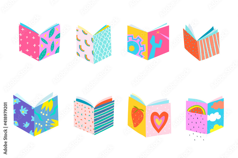 Book covers library collage collection geometrical paper cut objects on white. Simple colorful hand drawn design for reading books and studying, vector design.