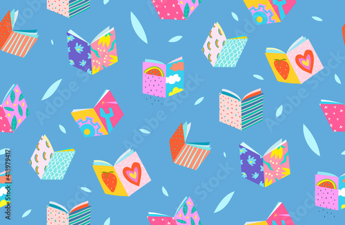 Book covers seamless pattern geometrical background. Simple colorful hand drawn design for reading books and studying, for wrapping paper and crafts. Vector seamless patter.