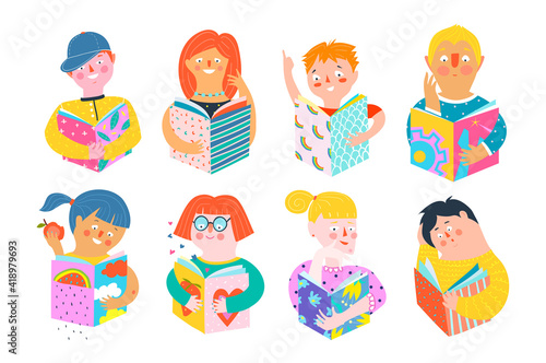 Different abstract people reading books happy smiling. Colorful pop art men and women characters cartoon hand drawn in paper cut modern style. Vector contemporary design.