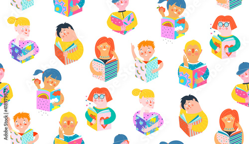 People or children reading studying books, colorful collage or paper cut style seamless pattern. Lifestyle reading hobby seamless background, modern simple vector design.