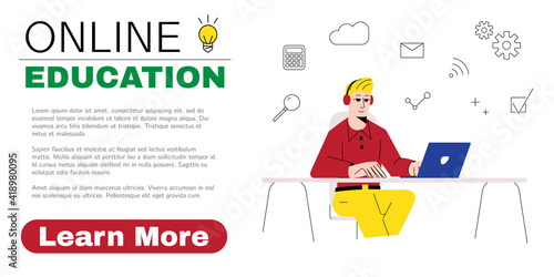 Banner for online education ad. Man taking online courses via laptop. Virtual graduation, webinar, distance learning concepts. Advertisement for web or social media. Vector illustration