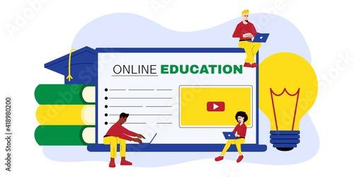Online education at home concept. Diverse People studying on the laptop. Vector illustration for landing page template, flyer or banner.