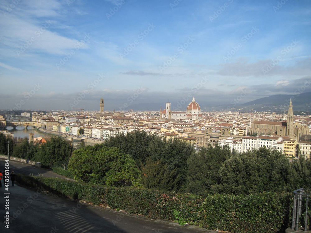 Panoramic Florence cityscape. View of the River Arno in the morning. Scenic landscape with Ponte Vecchio. Travel to European Union. UNESCO World Heritage Site.