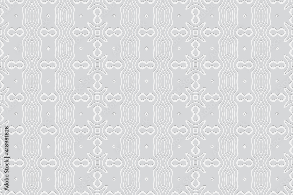 Geometric white vertical wallpaper. Background with a volumetric composition with a 3D effect of a convex shape for design, decor. Ethnic embossed pattern.