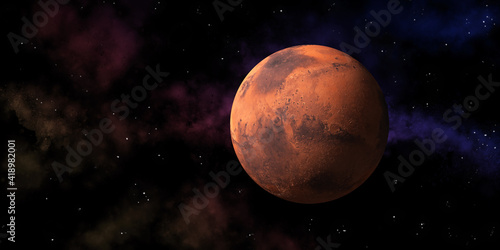 Mars, the red planet of the solar system in the colorful and starry sky . 3D render composition with copy space