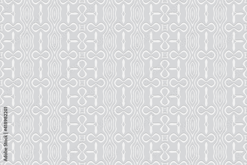 Vertical stylish white wallpaper. A background with a volumetric composition with a 3D effect of a convex shape. Embossed art pattern with ethnic geometric elements.