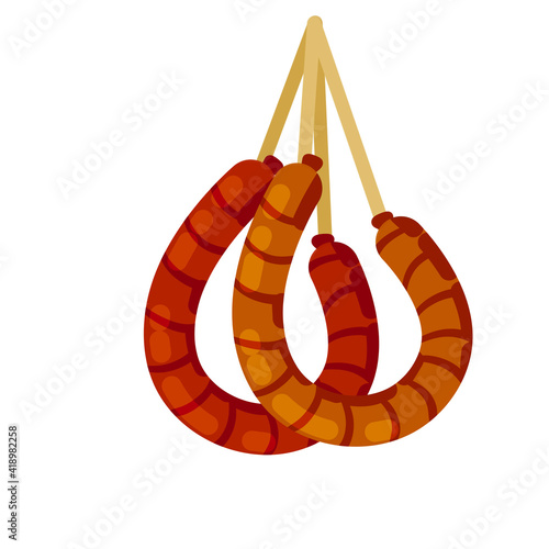Krakow sausage. National Polish food. Bundle of Meat product on rope. Store and market element. Flat cartoon illustration. European delicacy