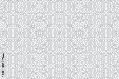 Vertical trendy white wallpaper. A background with a volumetric composition with a 3D effect of a convex shape. Embossed ethnic pattern in the style of minimalism.