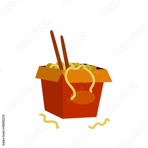 Box of noodles. Asian fast food with chopsticks. Red packaging of wok macaroni. Flat cartoon illustration. Japanese and Chinese junk street food