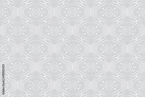 White wallpaper. Background with volumetric composition with 3D effect of convex shape. Geometric embossed pattern in ethnic style.