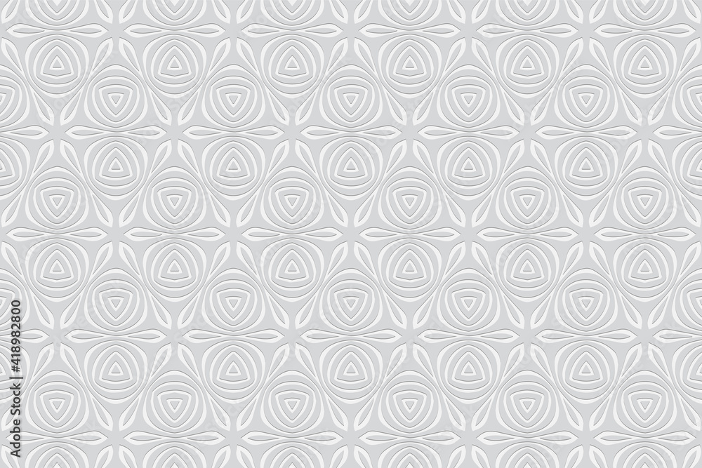 Geometric white wallpaper with abstract ovals and triangles. Background with volumetric composition with 3D effect of convex shape. Ethnic relief pattern in African style. Geometric white wallpaper with abstract ovals and triangles. Background with volumetric composition with 3D effect of convex shape. Ethnic relief pattern in African style.