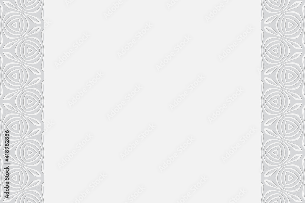 Geometric white wallpaper. Background with volumetric composition with 3D effect of convex shape. Vertical inserts in African style. Geometric white wallpaper. Background with volumetric composition with 3D effect of convex shape. Vertical inserts in African style.