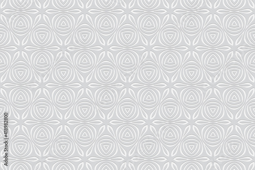Geometric white wallpaper with abstract ovals and triangles. Background with volumetric composition with 3D effect of convex shape. Ethnic relief pattern in African style.