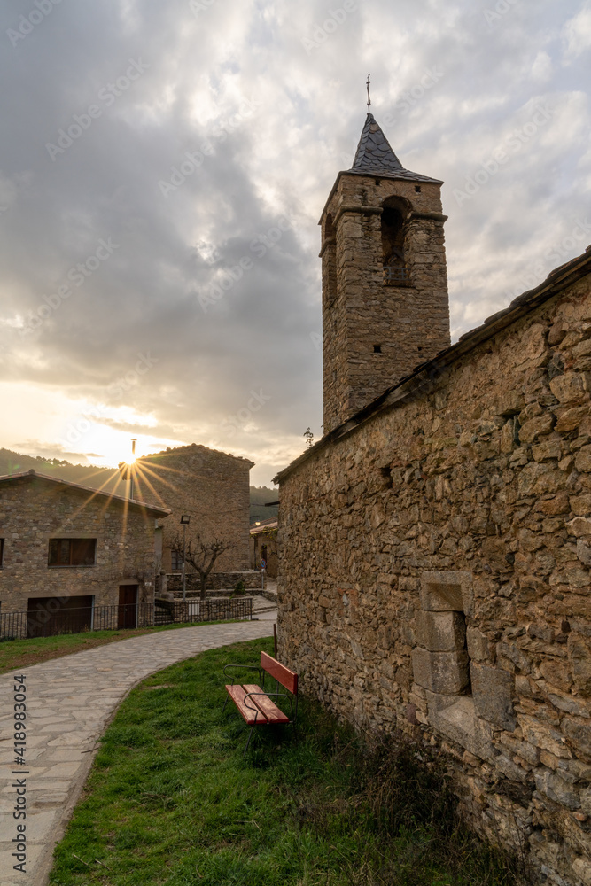 view of the church and village of Arseguel in the Pyrenees mountains of Catalonia