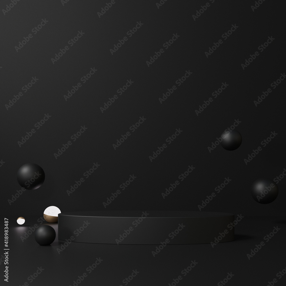 Dark black 3d rendering with geometric shapes, podium on the floor. Platforms for product presentation, Abstract composition design, showcase, pedestal , copy space, sale, promotion