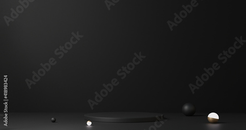 Dark black 3d background with geometric shapes, podium on the floor. Platforms for product presentation, Abstract composition design, showcase, pedestal , copy space, sale, promotion © N ON NE ON