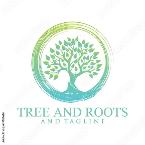 Root Of The Tree logo illustration. Vector silhouette of a tree,Abstract vibrant tree logo design, root vector - Tree of life logo design inspiration isolated on white background.