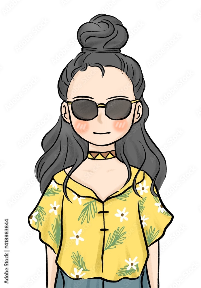 digital painting hand draw illustration with pencil texture character design. Cute hipster pink cheek girl wearing Hawaiian shirt and sunglasses. Idea for profile or avatar picture digital painting hand draw illustration with pencil texture character design. Cute hipster pink cheek girl wearing Hawaiian shirt and sunglasses. Idea for profile or avatar picture