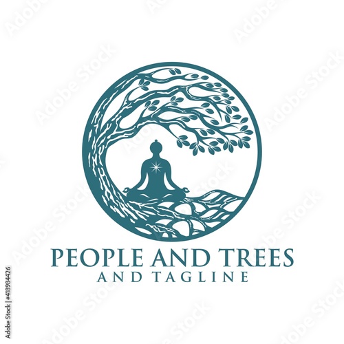Tree yoga logo. Silhouette of a person in meditation in a round frame. The image of nature, the tree of life. Design of the emblem of the trunk, leaves, crown and roots of the tree, Yoga logo vector.