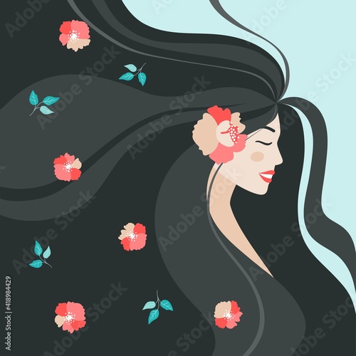 Beauty girl face with flowers. Woman with flowing hair. Vector illustration of a long-haired girl with floral in hair. Hello spring. Cute hand-drawn flowers. Vector illustration.