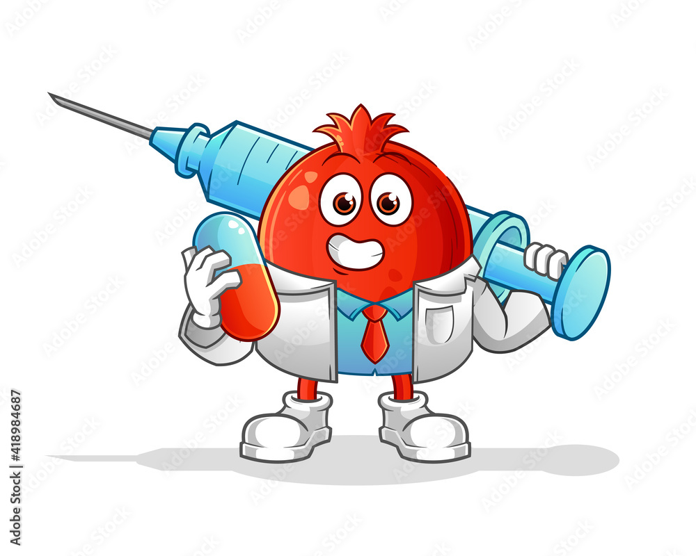 pomegranate doctor holding medichine and injection vector. cartoon character pomegranate doctor holding medichine and injection vector. cartoon character