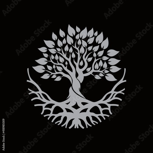 Root Of The Tree logo illustration. Vector silhouette of a tree,Abstract vibrant tree logo design, root vector - Tree of life logo design inspiration isolated on white background.