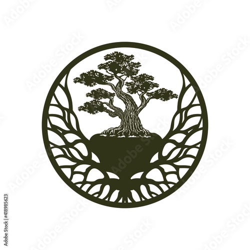 Japanese bonsai tree logo, plant silhouette icons on white background, green ecology silhouette of bonsai and sunset. Detailed image. Bio nature concept. Vector isolated, Natural Bonsai tree logo.