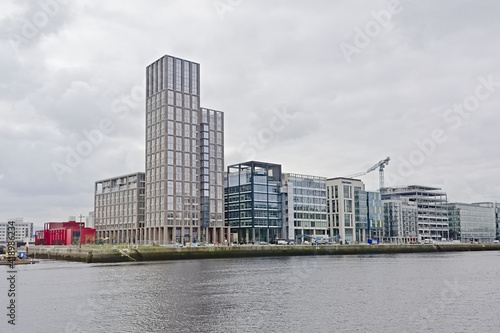  New highrise apartment and office buildings along Liffey river in in the port of Dublin, Ireland 