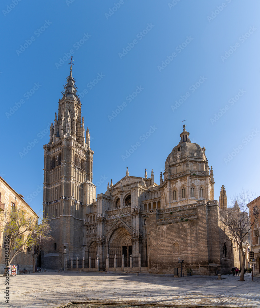 view of the historic cathedral in the old city center of Toledo