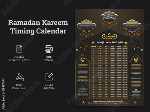 Ramadan Kareem Fasting and Prayer time Guide, Ramadan Kareem banner with 3d metallic golden Colour Gradient.Ramadan schedule for Prayer times in Ramadan. Ramadan schedule for Prayer Times