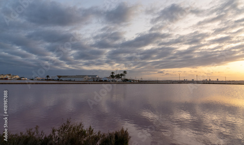 industrial salt manufacturing plant and salines at San Pedro del Pinatar in Murcia at sunset