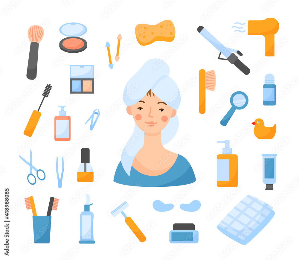 Vector set with cute girl and bathroom items. Head of a girl with a towel. Beauty items collection. Body care. Hygienic set of flat items