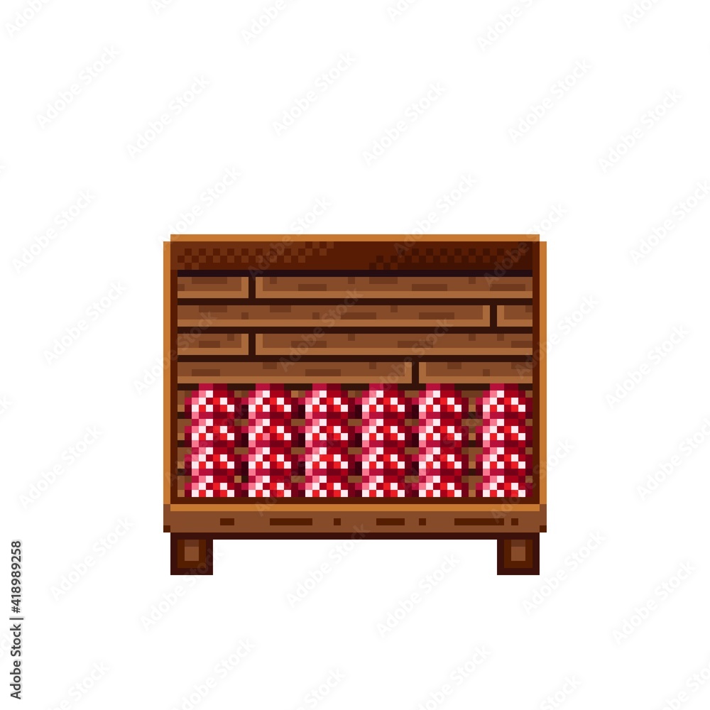 Vegetable shop pixel art. Mushrooms in a wooden crate. Mushrooms, food pixel art icon isolated on white background. Mushroom stall. Showcase with vegetable waste. Vector illustration. Vegetable shop pixel art. Mushrooms in a wooden crate. Mushrooms, food pixel art icon isolated on white background. Mushroom stall. Showcase with vegetable waste. Vector illustration.
