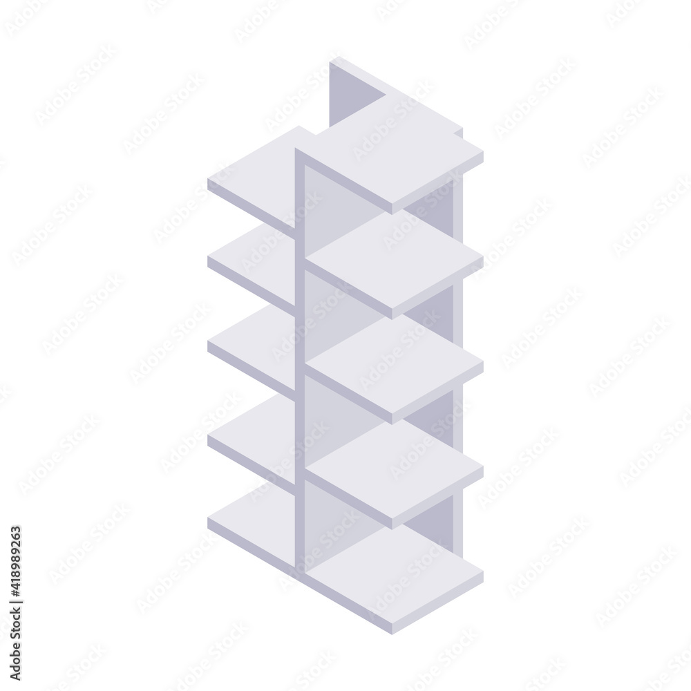 Bookshelf isometric - case and shelf for books for home and store interior design. Empty gray wooden furniture for home and shop storage in vector illustration. Bookshelf isometric - case and shelf for books for home and store interior design. Empty gray wooden furniture for home and shop storage in vector illustration.