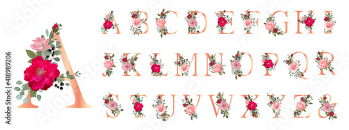 Floral Alphabet. Set letters with botanical bouquet. Wedding invitations, greeting card, birthday, logo, poster other ideas. Vector illustration.