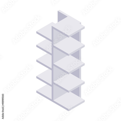Bookshelf isometric - case and shelf for books for home and store interior design. Empty gray wooden furniture for home and shop storage in vector illustration.