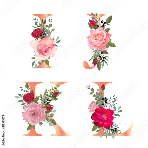 Floral Alphabet. Set letters with botanical bouquet. Wedding invitations, greeting card, birthday, logo, poster other ideas. Vector illustration.