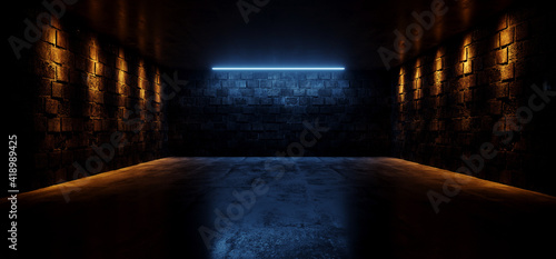 Fototapeta Naklejka Na Ścianę i Meble -  Dark Blue Glowing Neon Lights Warm Spotlights On Rough Grunge Stone Brick Walls Club Podium Stage Cyber Retro Cement Concrete Floor Basement Hangar 3D Rendering