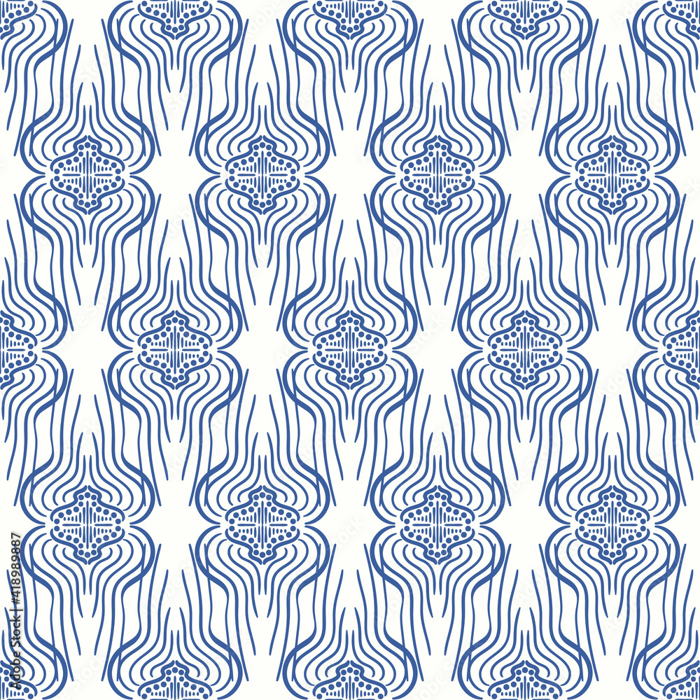 vector blue ethnic freeform lines seamless pattern on white