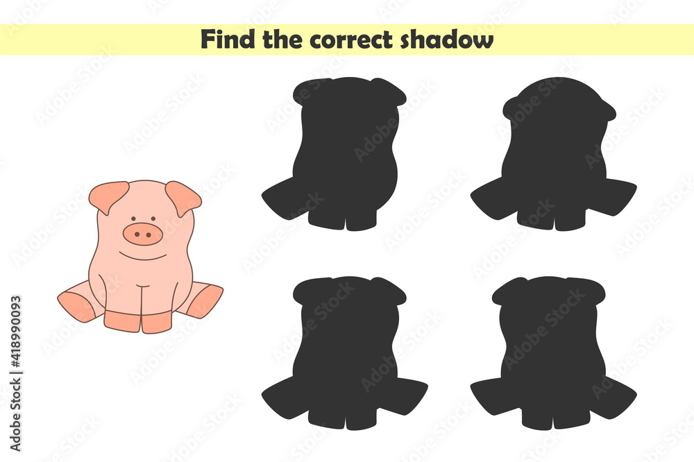 Find correct shadows of cute pig. Educational logical game for kids isolated on white background. Vector illustration
