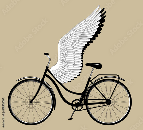 Ladies bike with wings. Drawing in vintage engraving style. Vector illustration