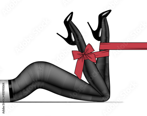 Legs of lying woman in dark pantyhose and high-heeled glossy black shoes tied with a red ribbon isolated on white