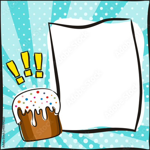 Popart banner with cartoon Easter cake, recipe box. Comic White frame on Bright blue background. Template for design, banners, coupons, applications and posters. Vector illustration.