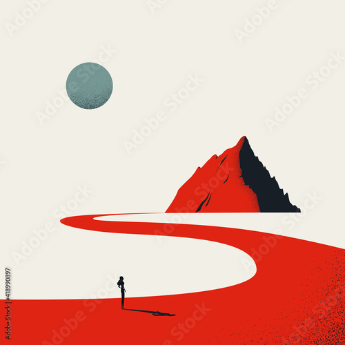 Business career ambition vector concept. Woman looking at mountain, symbol of growth. Minimal illustration art.