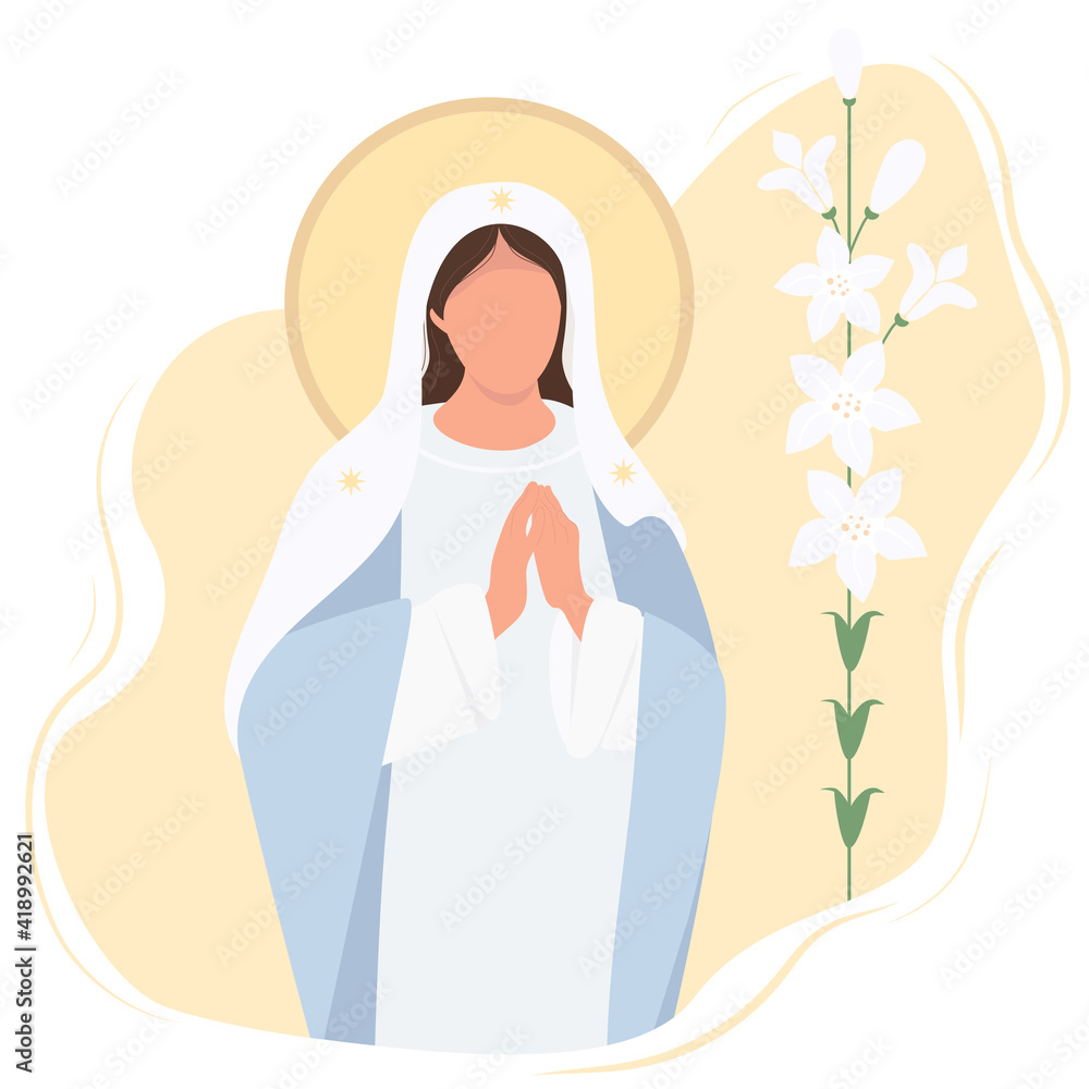 Holiday - Annunciation to the Blessed Virgin Mary. Mother of Jesus Christ pray accepting the good news.Vector illustration. card Mary and lily - Great Feasts of the Orthodox And the Catholic Church