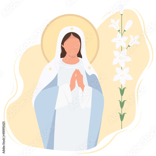 Holiday - Annunciation to the Blessed Virgin Mary. Mother of Jesus Christ pray accepting the good news.Vector illustration. card Mary and lily - Great Feasts of the Orthodox And the Catholic Church