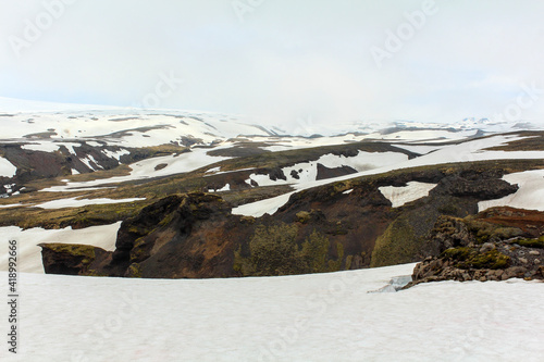 Snowy landscape in the highlands, Fimmvorduhals hiking trail, Iceland photo